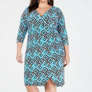 INC International Concepts Blue Black White Geometric Wrap Midi Dress